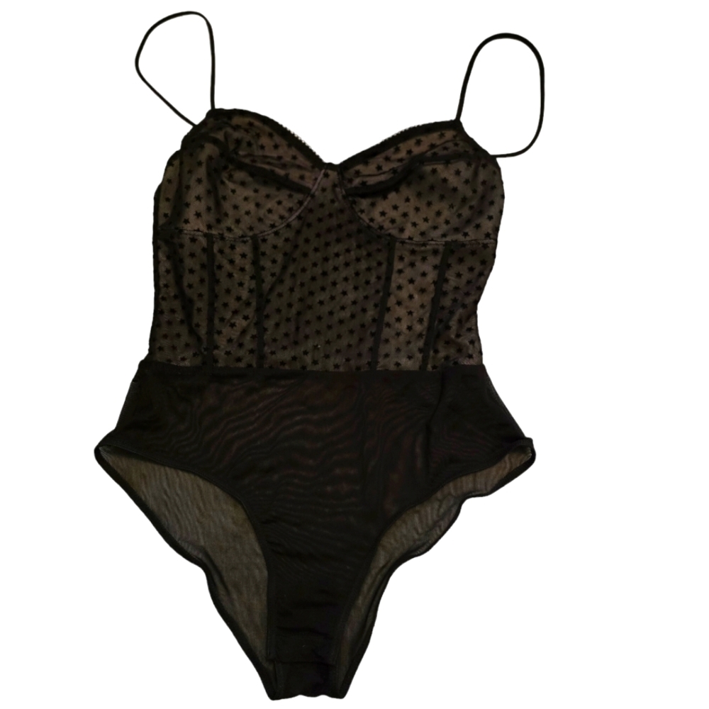Victoria Secret Black Spaghetti Strap Bodysuit with sheer back lined front